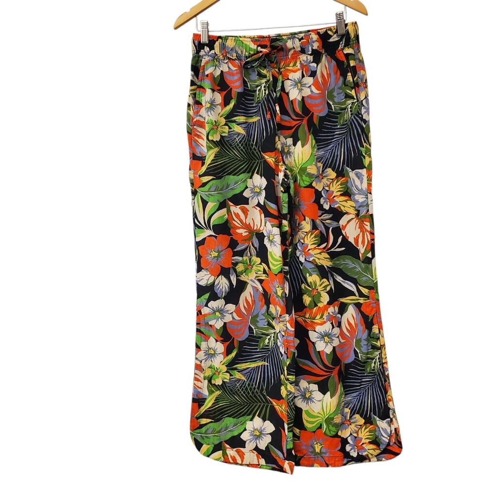 C&C California Tropical Print Wide Leg Split Pants Womens Size Med Linen Blend